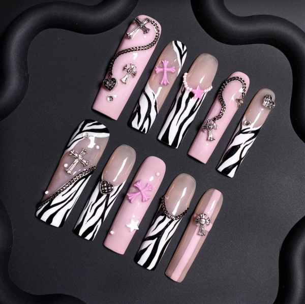 Press on Nails Medium Fake Nails Pink Glossy Glue on Nails Glitter Acrylic Nails Oval Stick on Nails for Women and Girls